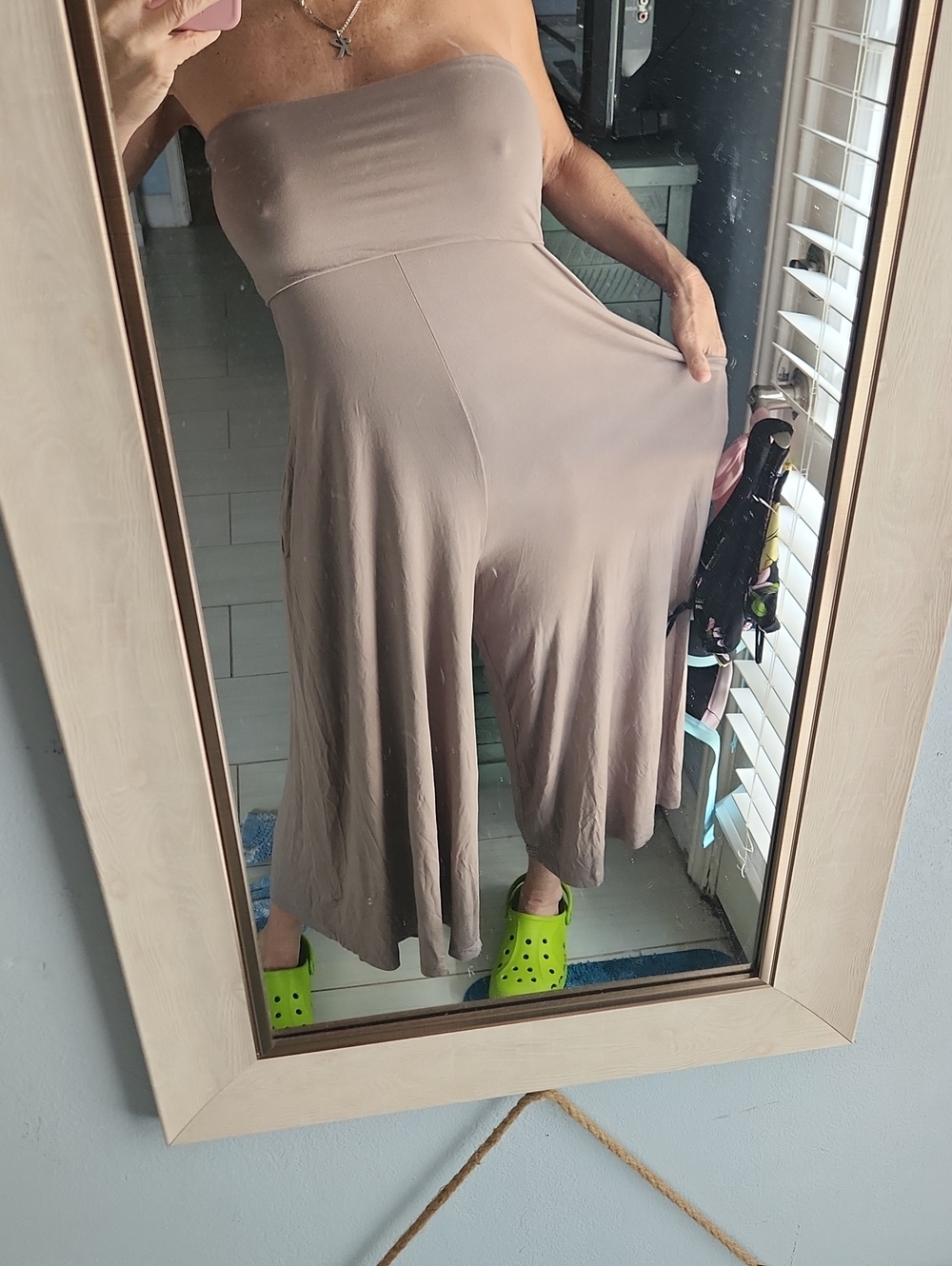 Final Touch Taupe Strapless Wide-Leg Jumpsuit